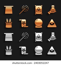 Coloca libro de magia antigua, botella con poción, masones, bola mágica, sombrero mago y orejas de conejo, e icono de varita. Vector