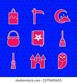 Set Ancient magic book, Castle, Owl, Witches broom, Halloween witch cauldron, Moon and stars and Burning candle icon. Vector