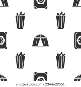 Set Ancient magic book, Circus tent and Popcorn in box on seamless pattern. Vector