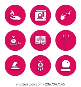 Set Ancient magic book, Dream catcher with feathers, Magic ball, Neptune Trident, Witch hat, cauldron and stone, Spell and Hand holding fire icon. Vector