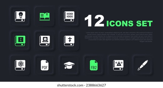 Set Ancient magic book, Fountain pen nib, User manual, FB2 File, Book, PDF file document, Open and Graduation cap icon. Vector