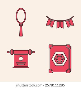 Set Ancient magic book, Magic hand mirror, Carnival garland with flags and Magic scroll icon. Vector