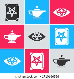 Set Ancient magic book, Magic lamp or Aladdin and Pentagram icon. Vector