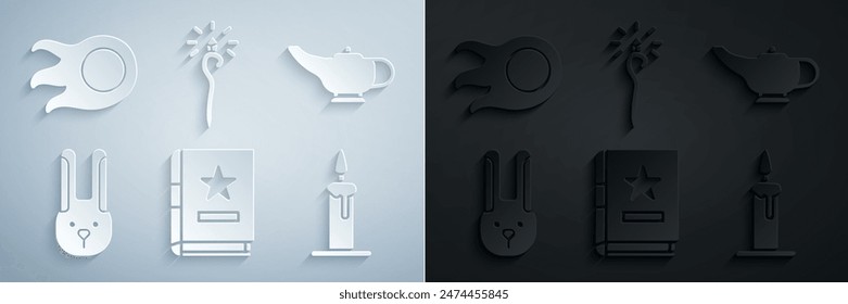 Set Ancient magic book, Magic lamp or Aladdin, Rabbit with ears, Burning candle candlestick, staff and Fireball icon. Vector