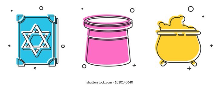 Set Ancient magic book, Magician hat and Witch cauldron icon. Vector