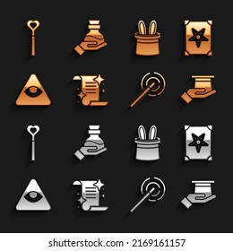 Set Ancient magic book, Magician hat in hand, wand, Masons, rabbit ears,  and Bottle with potion icon. Vector