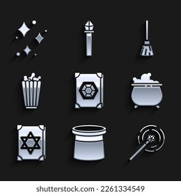 Set Ancient magic book, Magician hat, wand, Witch cauldron, Popcorn in box, Witches broom and Sparkle stars with magical glitter icon. Vector