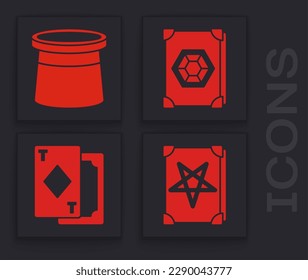 Set Ancient magic book, Magician hat, Ancient magic book and Playing cards icon. Vector