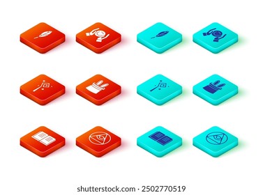 Conjunto Antiguo libro de magia, albañiles, personal de magia, sombrero de mago y orejas de conejo, mano de bola e icono de pluma. Vector