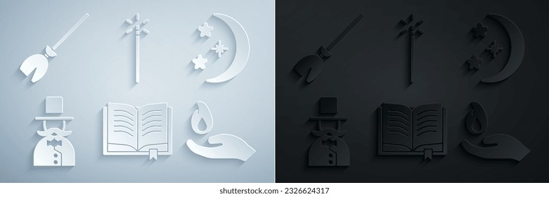 Set Ancient magic book, Moon and stars, Magician, Hand holding fire, wand and Witches broom icon. Vector