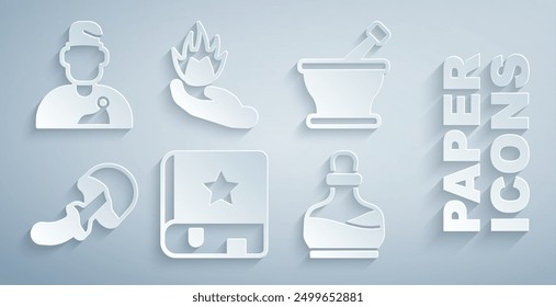 Set Ancient magic book, Mortar and pestle, Psilocybin mushroom, Bottle with potion, Hand holding fire and Wizard warlock icon. Vector