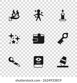Set Ancient magic book, Old key, Game thimbles, Wallet, Burning candle, Hand holding fire, Voodoo doll and Magical glitter particles icon. Vector