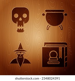 Set Ancient magic book, Skull, Wizard warlock and Witch cauldron on wooden background. Vector