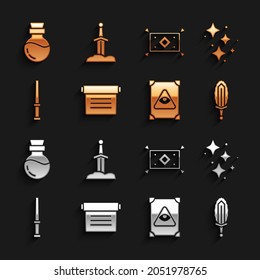 Coloca el libro mágico antiguo, Estrellas con, espada mágica en fuego, varita, alfombra, poción de botellas y el icono de la espada. Vector