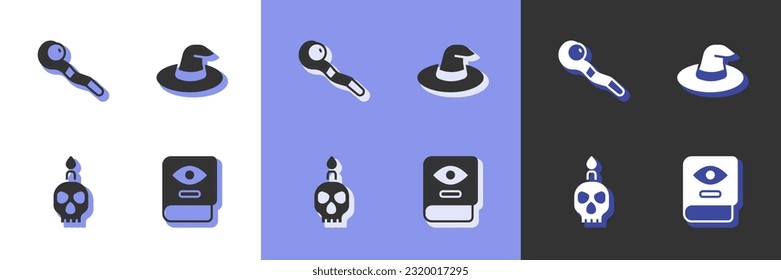 Set Ancient magic book, Magic staff, Burning candle on skull and Witch hat icon. Vector