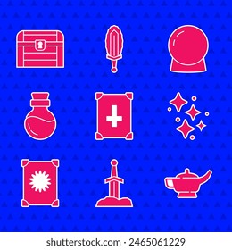 Set Ancient magic book, Sword in the stone, Magic lamp Aladdin, Sparkle stars with, Bottle potion, ball and Antique treasure chest icon. Vector