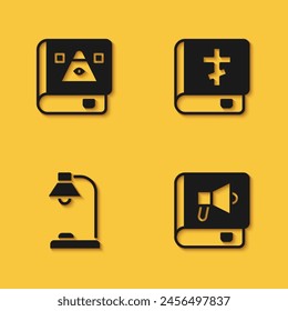 Set Ancient magic book, Book, Table lamp and Holy bible icon with long shadow. Vector