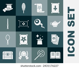 Set Ancient magic book, Three tarot cards, Magic lamp or Aladdin, carpet, wand, Magician hat hand and Eye icon. Vector