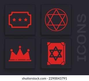 Set Ancient magic book, Ticket, Star of David and Crown icon. Vector