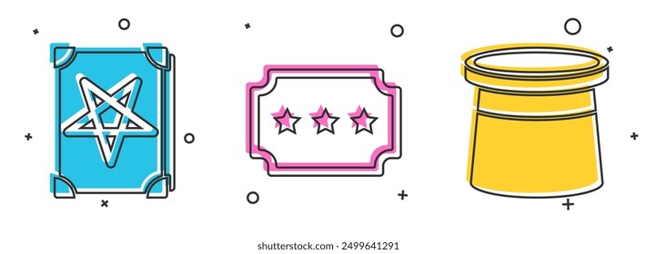 Set Ancient magic book, Ticket and Magician hat icon. Vector