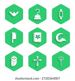 Conjunto de libro de magia antiguo, lápida con cruz, Neptuno Tridente, Luna y estrellas, búho, picador de carne, caramelo y icono de murciélago volador. Vector