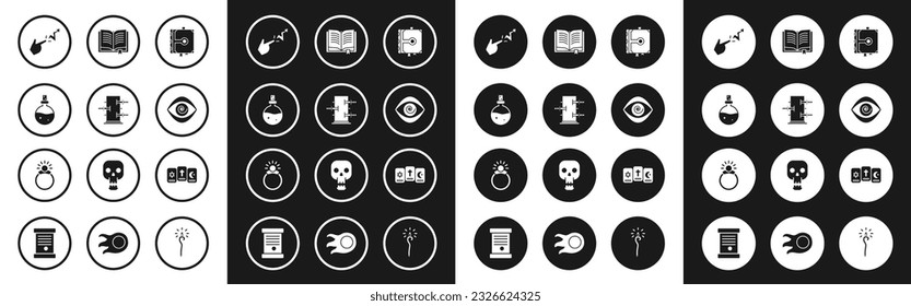 Set Ancient magic book, Trunk for tricks, Bottle with love potion, Spell, Hypnosis, Three tarot cards and Magic stone ring gem icon. Vector
