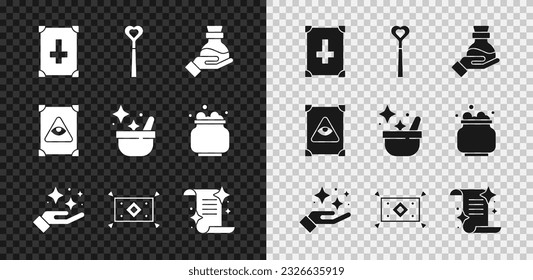 Set Ancient magic book, Magic wand, Bottle with potion, Sparkle stars trick, carpet,  and Witch cauldron icon. Vector