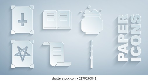 Set Ancient magic book, Witch cauldron, Magic wand,  and  icon. Vector