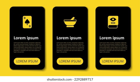 Set Ancient magic book, Witch cauldron and Playing cards. Business infographic template. Vector