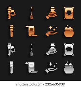 Set Ancient magic book, Witch cauldron, Sparkle stars with trick, Bottle potion, love and Witches broom icon. Vector