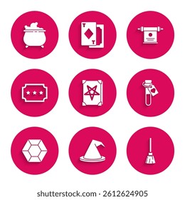 Set Ancient magic book, Witch hat, Witches broom, Bottle with love potion, Magic stone, Ticket, scroll and cauldron icon. Vector