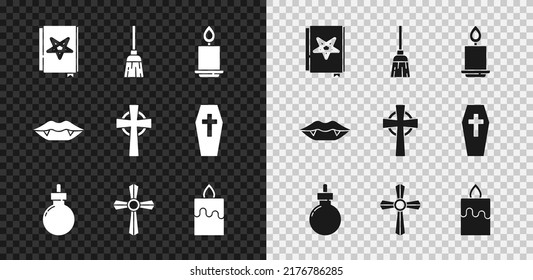 Set Ancient magic book, Witches broom, Burning candle, Bomb ready to explode, Tombstone with cross, Vampire teeth and  icon. Vector