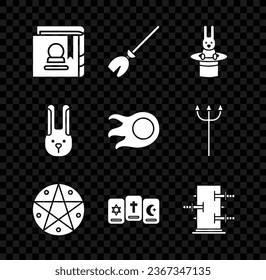 Set Ancient magic book, Witches broom, Magician hat and rabbit, Pentagram in circle, Three tarot cards, Trunk for tricks, Rabbit with ears and Fireball icon. Vector