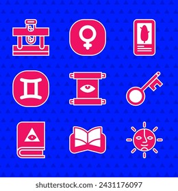 Set Ancient magic scroll, book, Sun, Old key, Gemini zodiac, Tarot cards and Bottle with potion icon. Vector