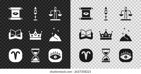 Set Ancient magic scroll, Burning candle, Libra zodiac, Aries, Old hourglass with sand, Masons, book and King crown icon. Vector