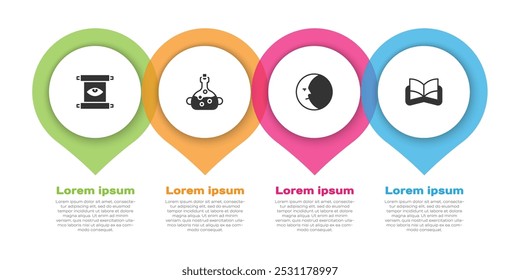 Set Ancient magic scroll, Poison in bottle, Moon and book. Business infographic template. Vector