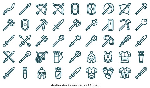 Set of ancient medieval weapon and armor line icons including swords, shields, axes, bows, spears, maces, helmets, and armor for game development or historical graphics projects.