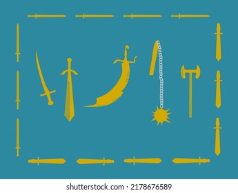Set Of Ancient And Medieval Weapons: Sabre, Sword, Flail And Labrys Axe