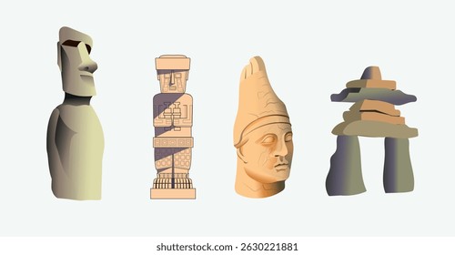 Conjunto de monumentos antigos e esculturas sobre um fundo branco. Ilustração vetorial