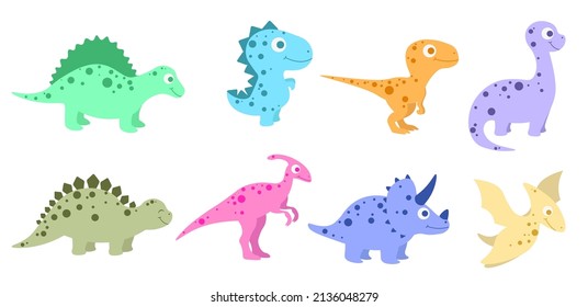 Set of ancient multicolored character dinosaurs in cartoon style. Vector illustration of predators and herbivores, prehistoric reptiles.