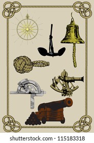 set of ancient naval supplies and tools in a frame of rope. Cannon, Wind rose, anchor, bell and other
