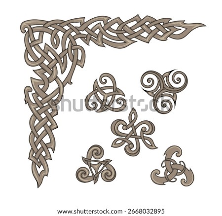 Set of ancient Nordic symbols with Celtic knot and triple trickle motifs. Hand drawn vector illustration. Irish heraldic decorations. Celtic emblems. Ethnic magic signs. Print for logo, icon, tattoo.