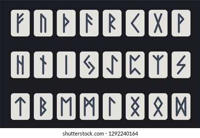 Set of ancient Norse runes. Runic alphabet, Futhark. Ancient occult symbols. Vector illustration. Old Germanic letters on a dark background.