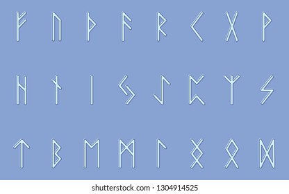 Set of ancient Norse runes. Runic alphabet. Futhark. Ancient occult symbols. Vector illustration. Old German letters in blue on a blue background