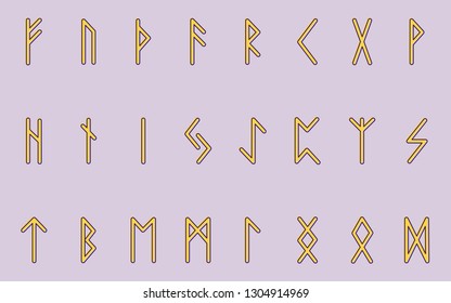 Set of ancient Norse runes. Runic alphabet. Futhark. Ancient occult symbols. Vector illustration. Old Germanic letters of yellow color on a pink background