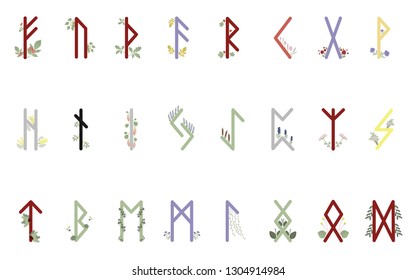 Set of ancient Norse runes. Runic alphabet, Futhark. Ancient occult symbols. Vector illustration. Old Germanic letters on a white background. Decorated with plants and flowers. Nature