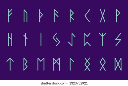 Set of ancient Norse runes. Runic alphabet, Futhark. Ancient occult symbols. Vector illustration. Old German blue letters on a purple background.