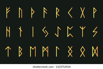 Set of ancient Norse runes. Runic alphabet, Futhark. Ancient occult symbols. Vector illustration. Old German yellow gold letters on a dark background.