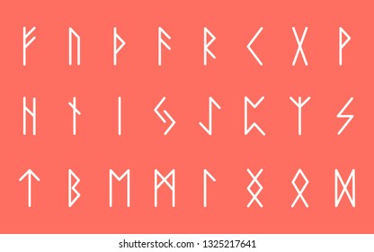 Set of ancient Norse runes. Runic alphabet, Futhark. Ancient occult symbols. Vector illustration. Old German bright letters on a coral background.