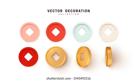 Set Of Ancient Old Gold And Red Coins Of China, With Square Hole. Realistic 3d Design. Vector Illustration